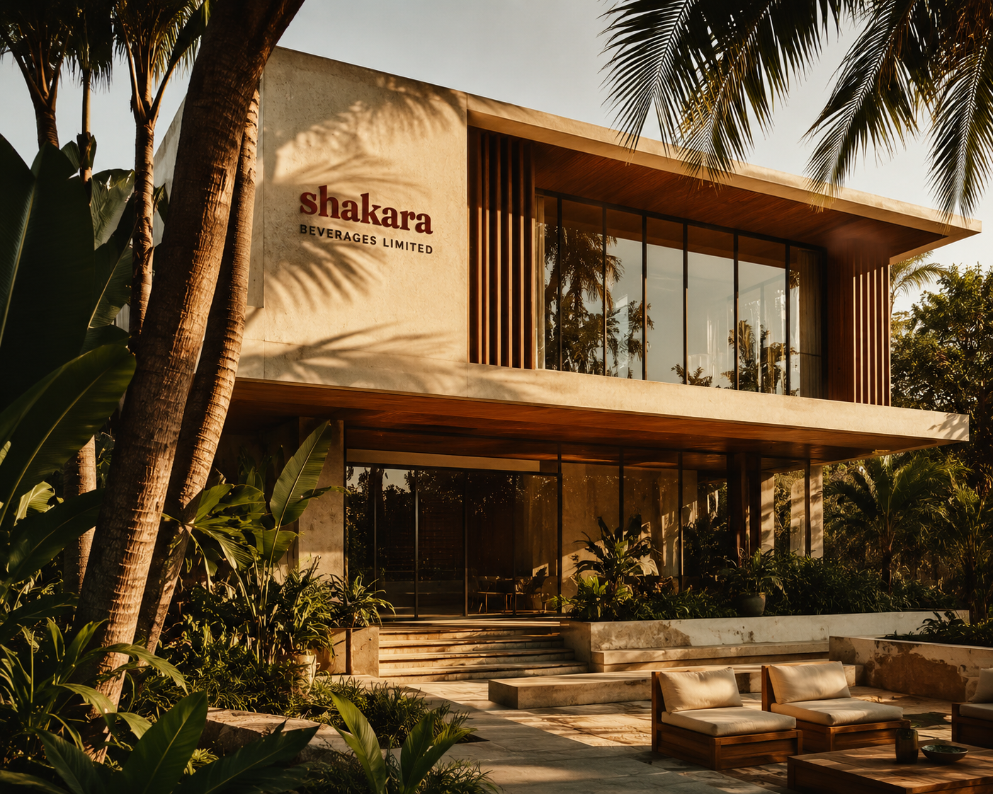 The Shakara Beverages headquarters — a modern villa framed by palms in golden Lagos light